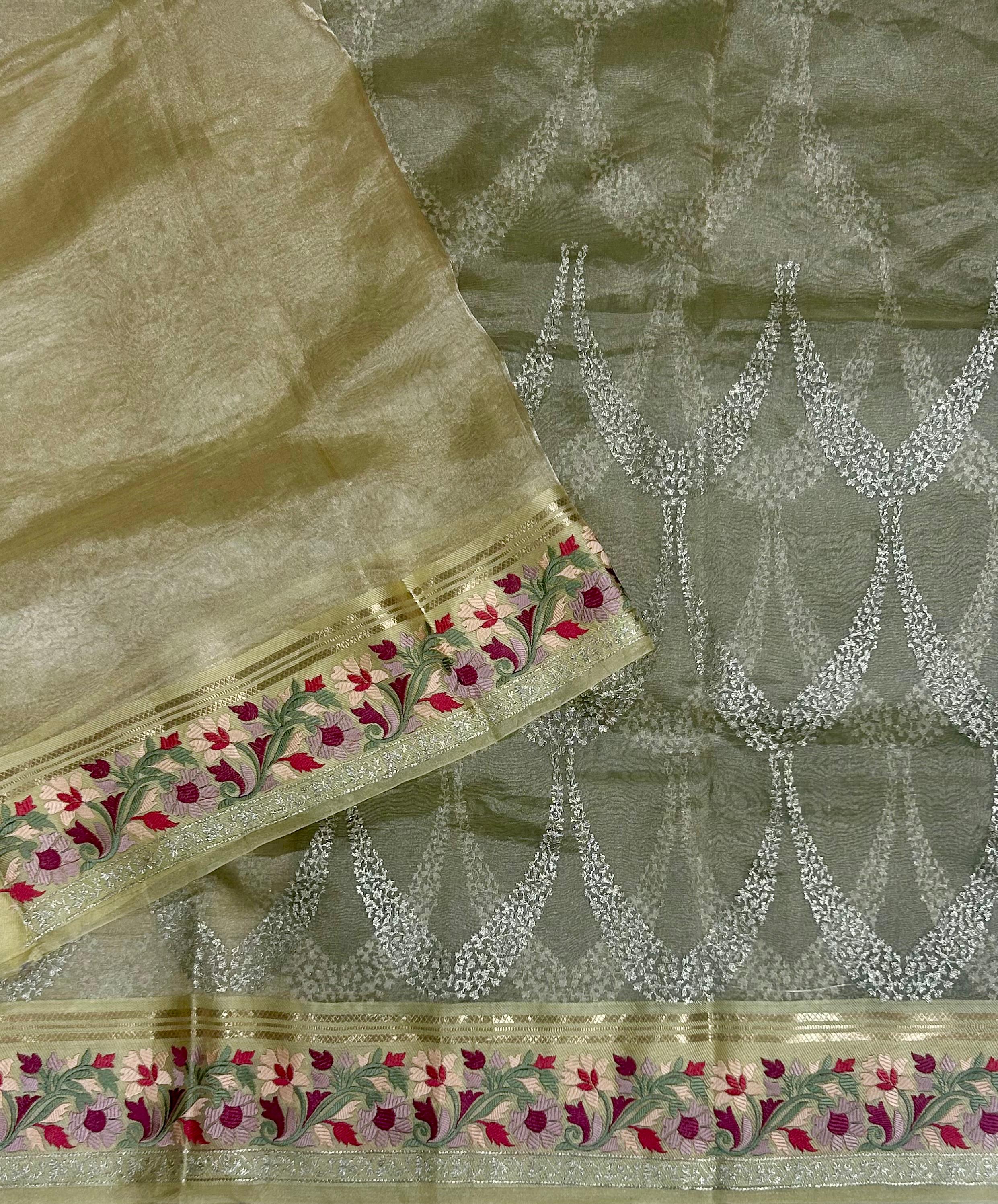 Golden embrodiery pure organza tissue 103 saree