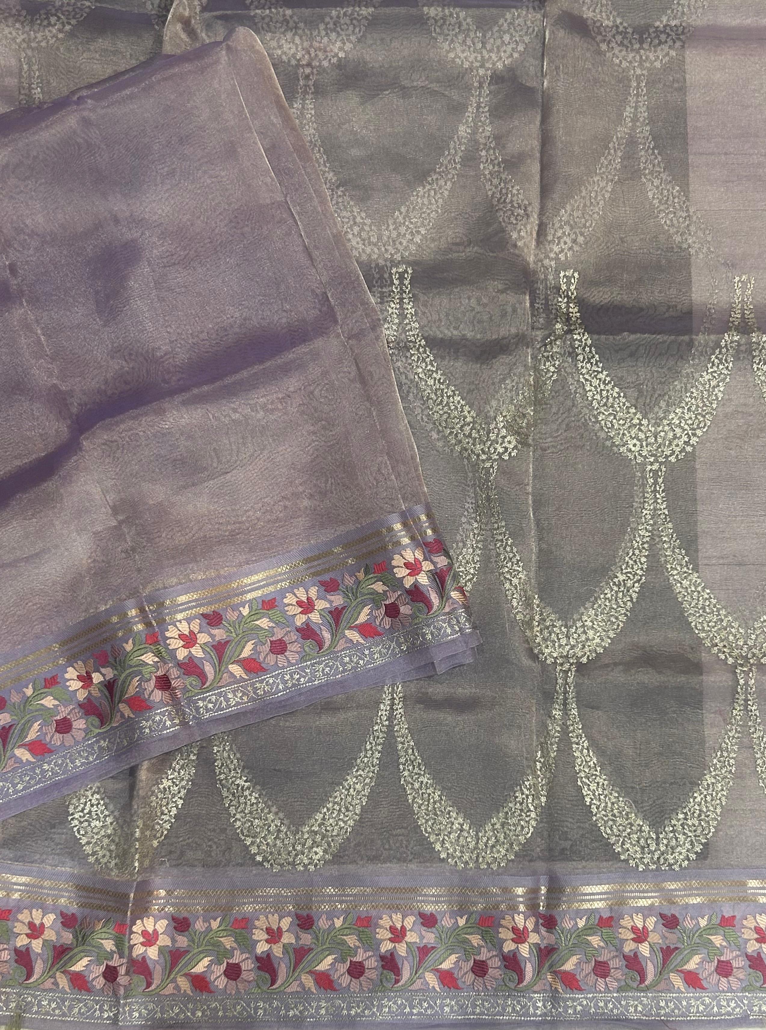 Lilac embrodiery pure organza tissue 103 saree