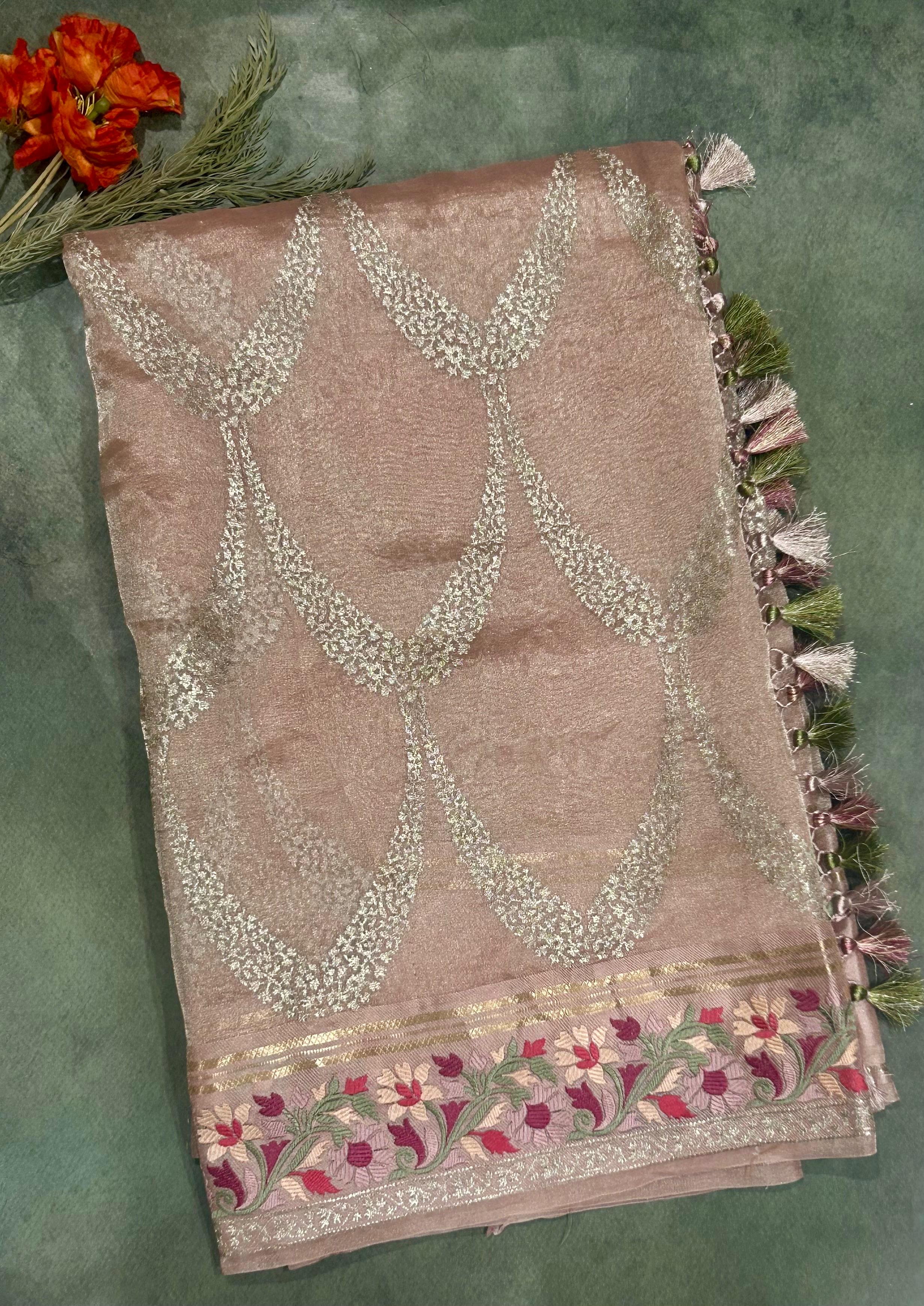 Pastel pink embrodiery pure organza tissue 103 saree