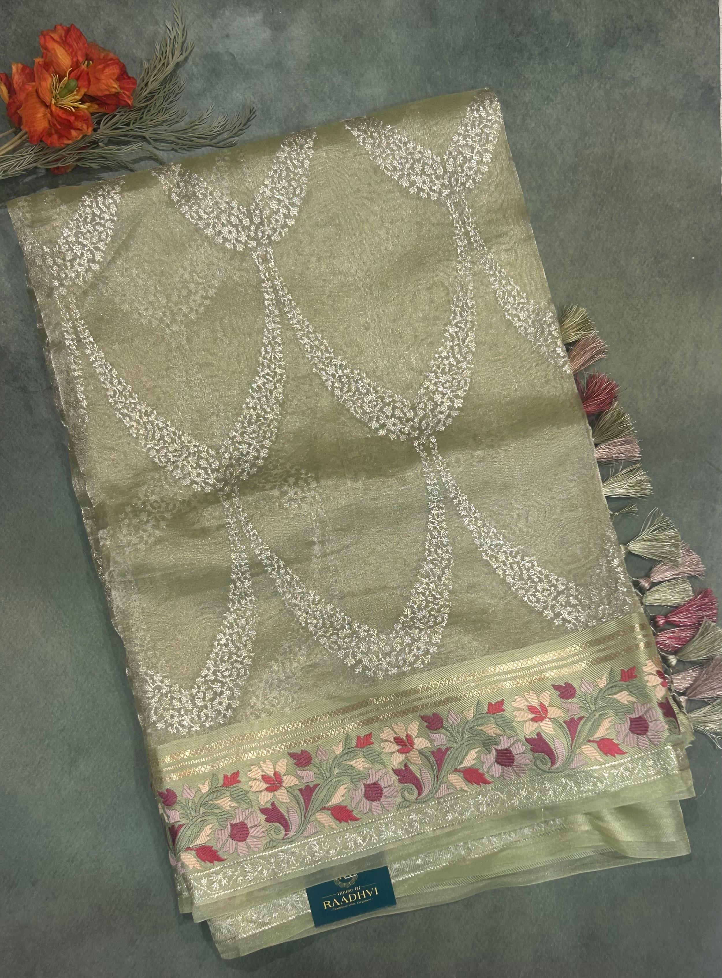 Pastel green embrodiery pure organza tissue 103 saree