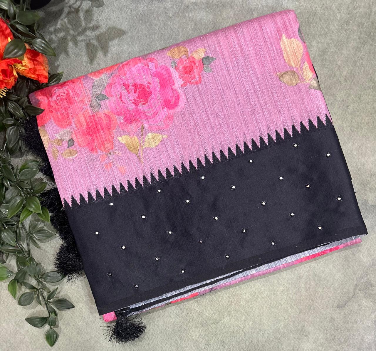 Pastel pink n black digital print tussar 103 saree