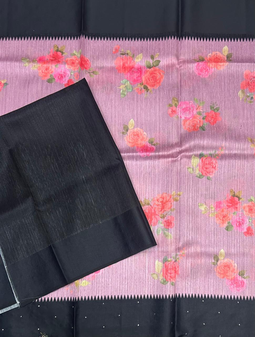 Pastel pink n black digital print tussar 103 saree