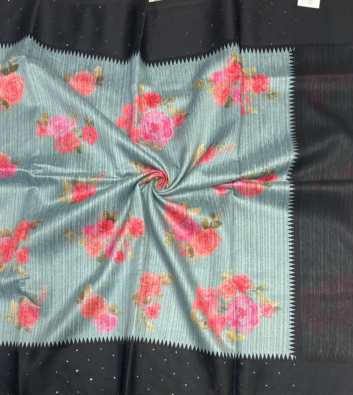 Aqua blue n black digital print tussar 103 saree