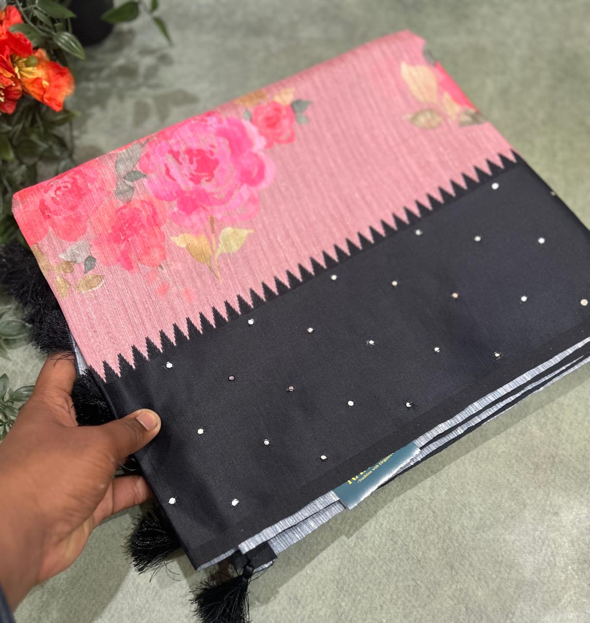 Light pink n black digital print tussar 103 saree