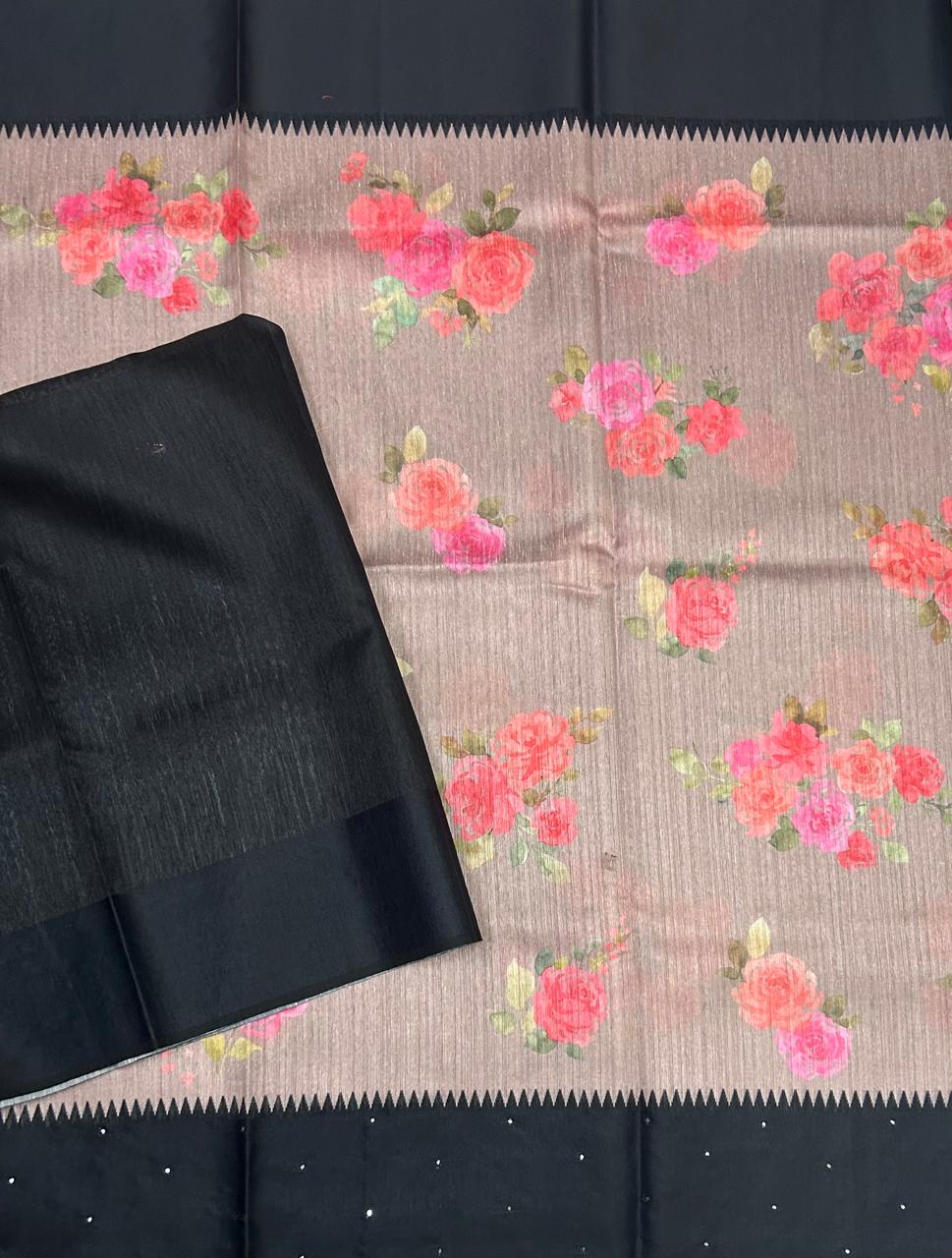 Pastel pink 2 n black digital print tussar 103 saree