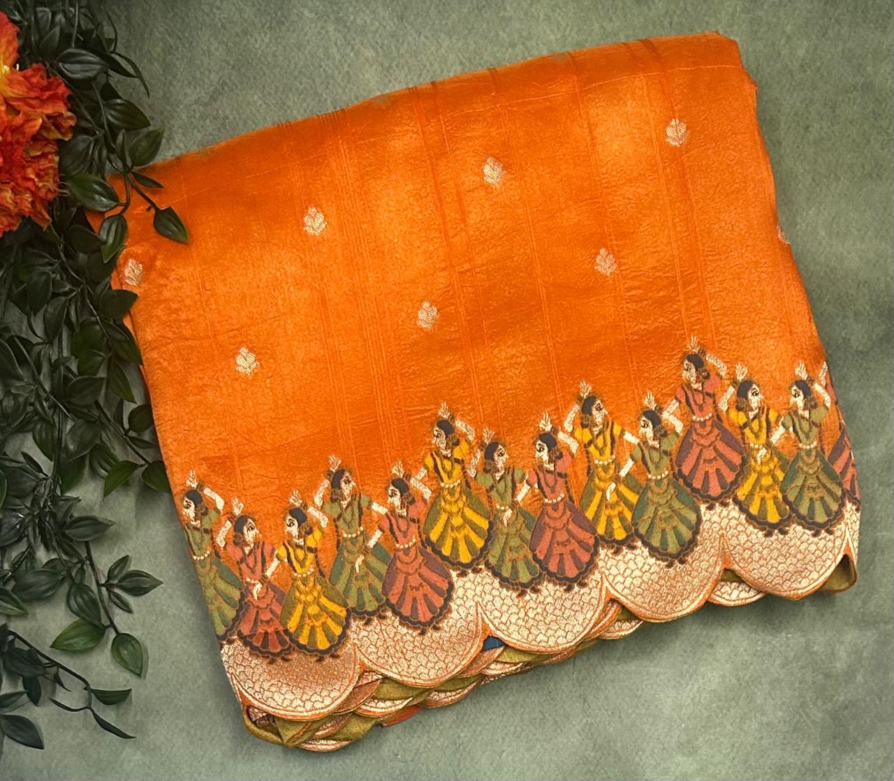 Orange scallop border Tussar georgette 103 saree
