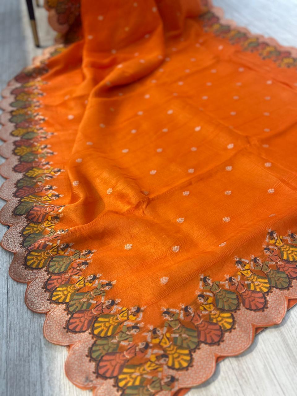 Orange scallop border Tussar georgette 103 saree