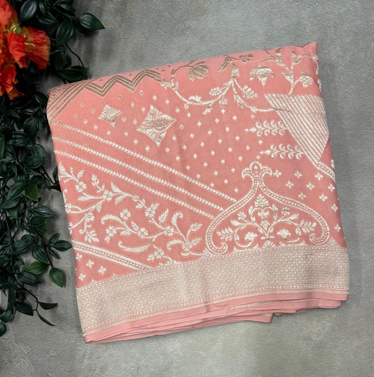 Peach pure silver benarasi 103 crepe silk saree