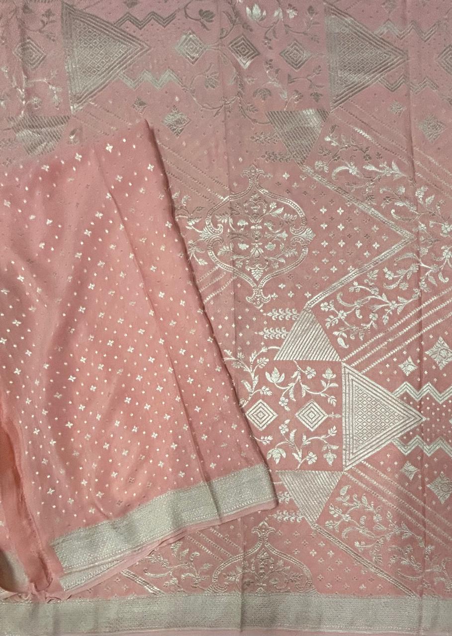 Peach pure silver benarasi 103 crepe silk saree