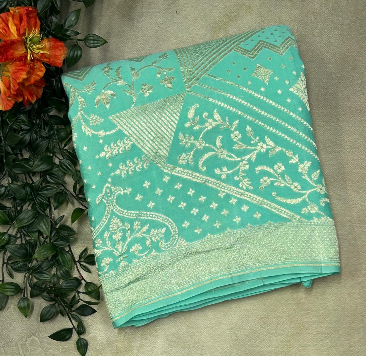 Light rama green pure silver benarasi 103 crepe silk saree