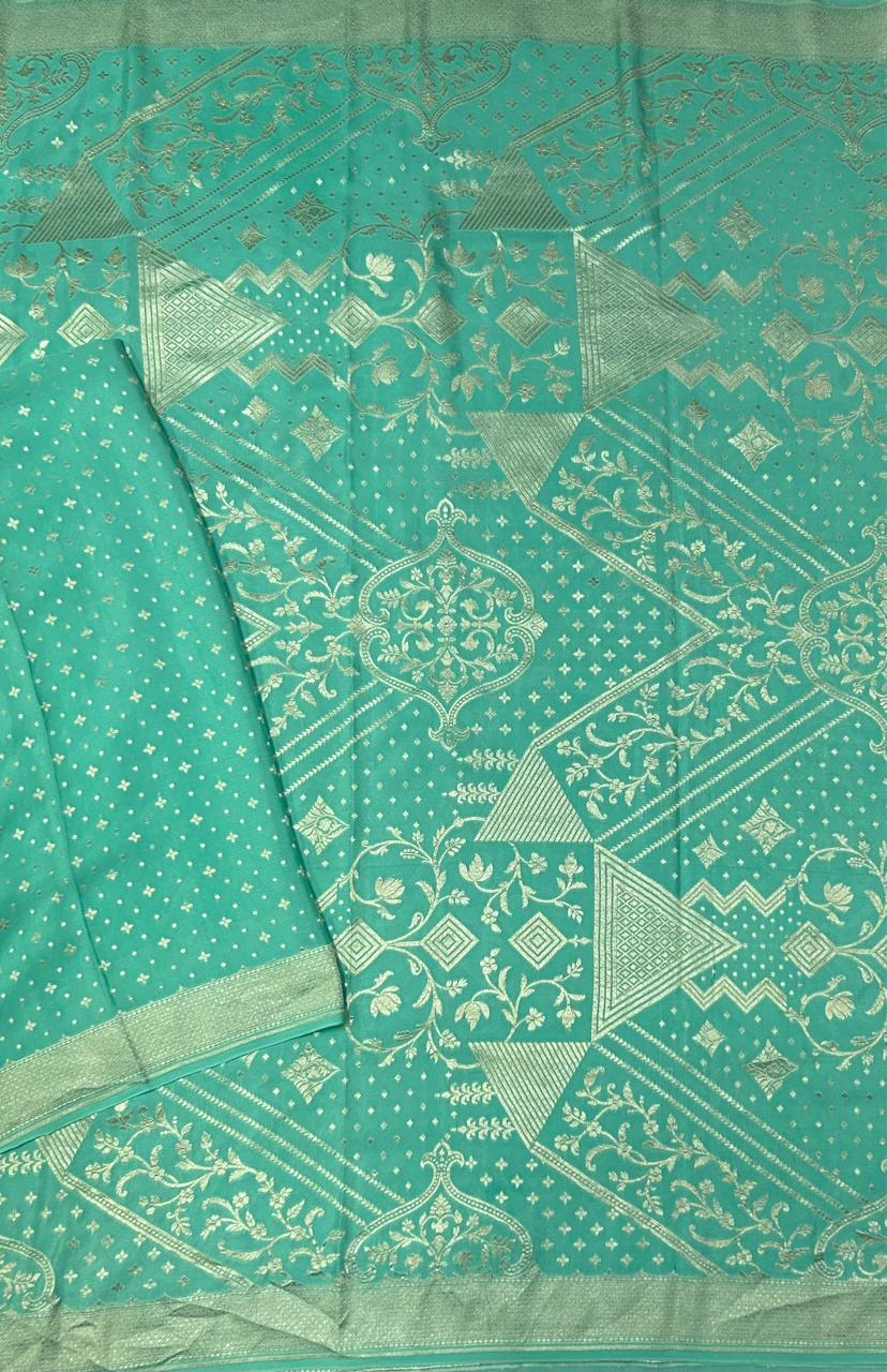 Light rama green pure silver benarasi 103 crepe silk saree