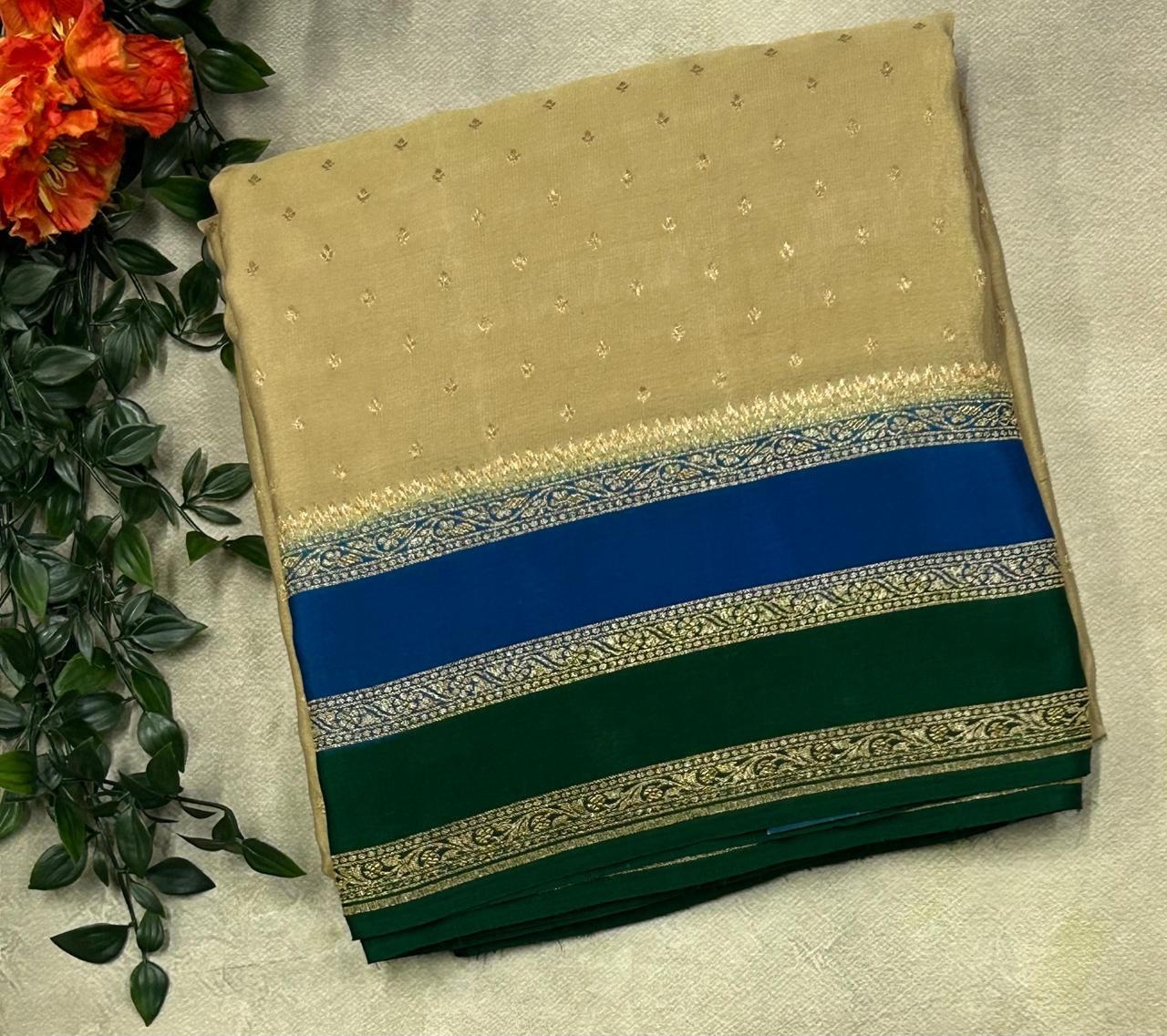 Golden beige Double border pure benarasi 103 crepe silk saree