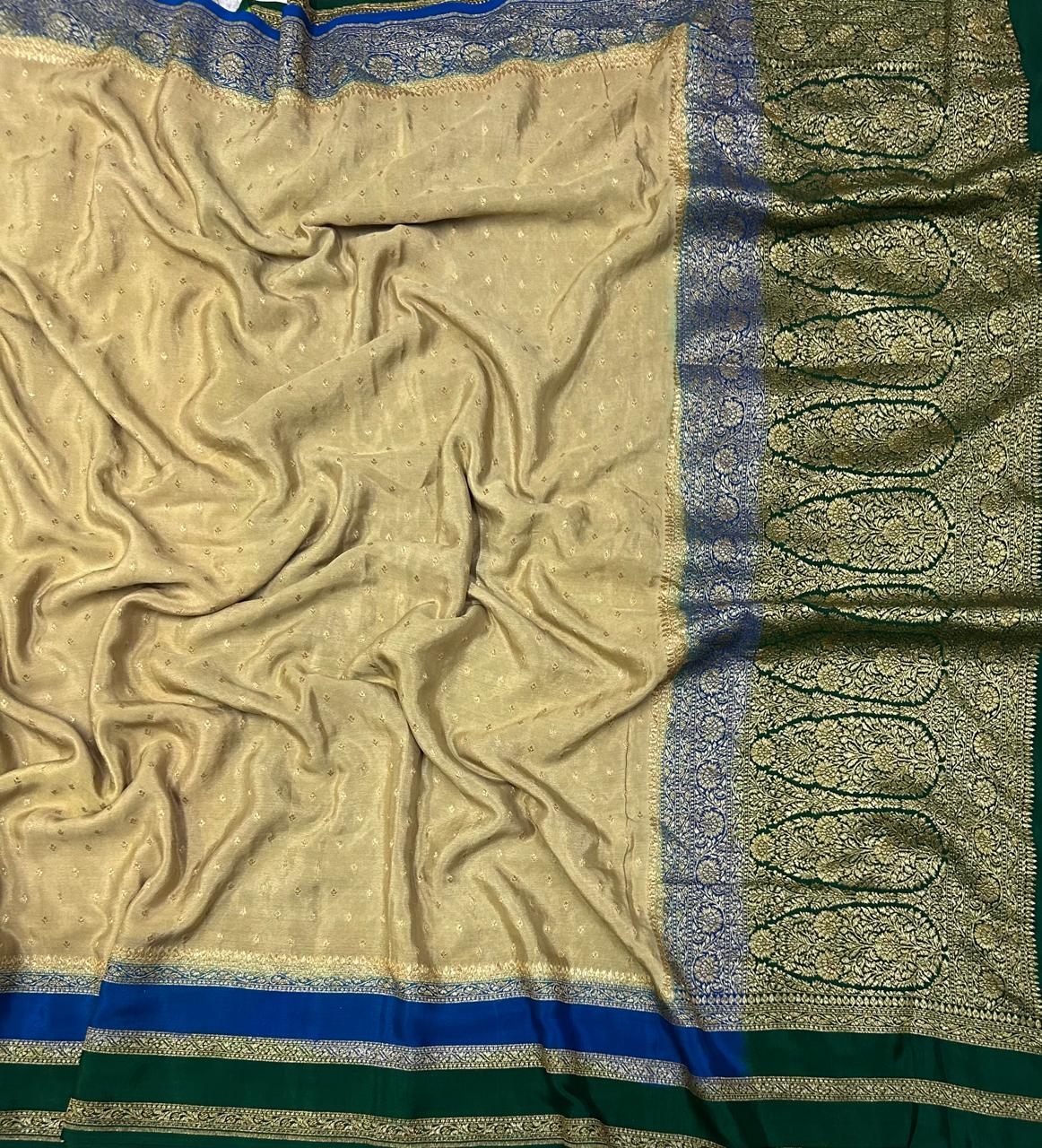 Golden beige Double border pure benarasi 103 crepe silk saree