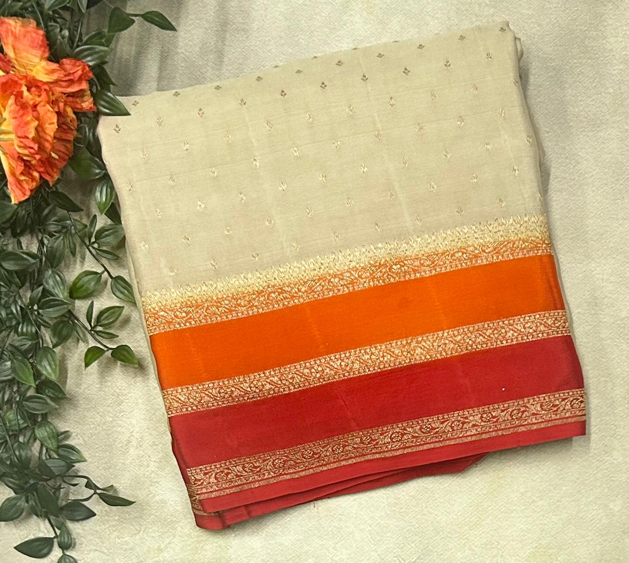 Grey Double border pure benarasi 103 crepe silk saree(BEIGE)