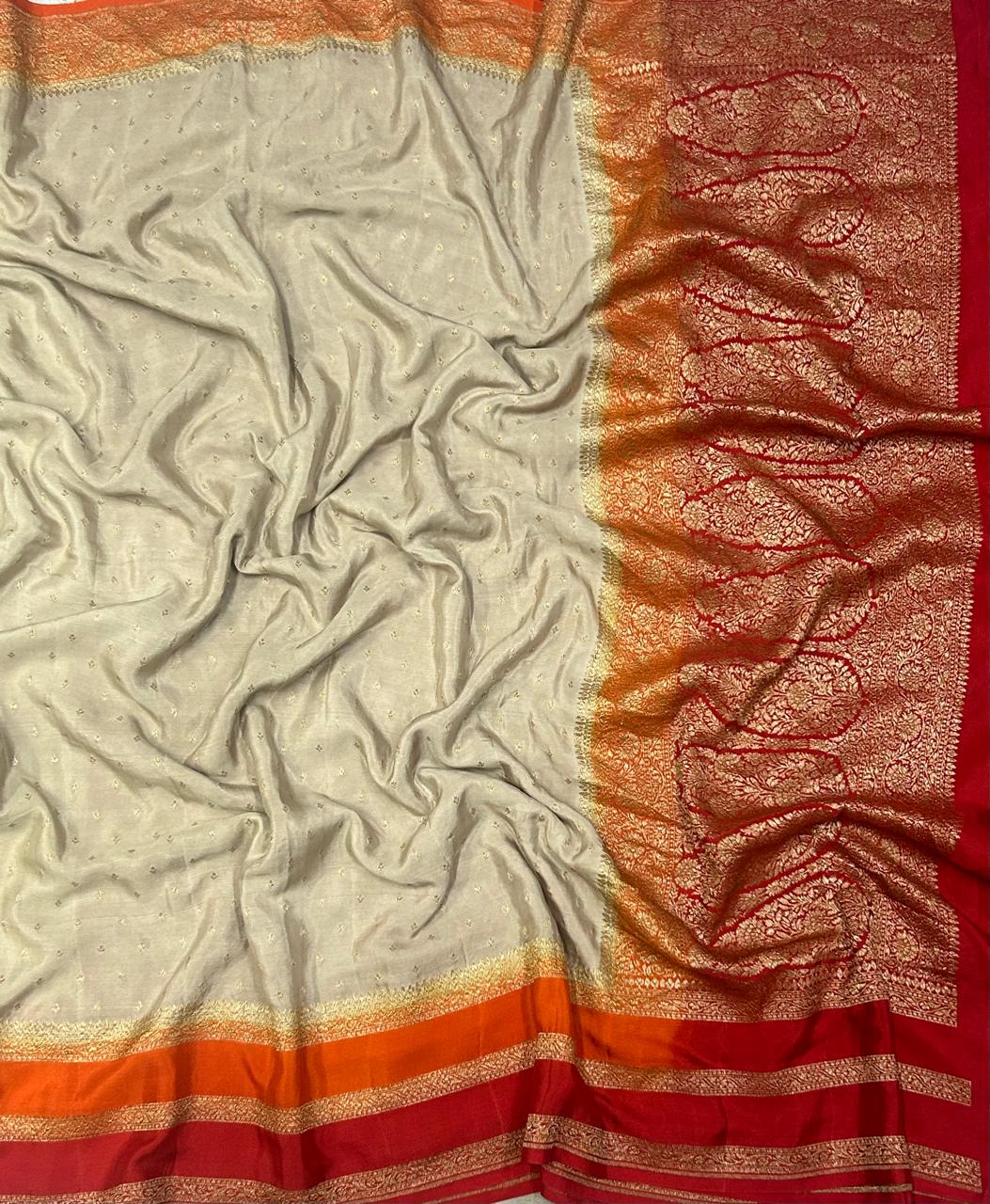 Grey Double border pure benarasi 103 crepe silk saree(BEIGE)