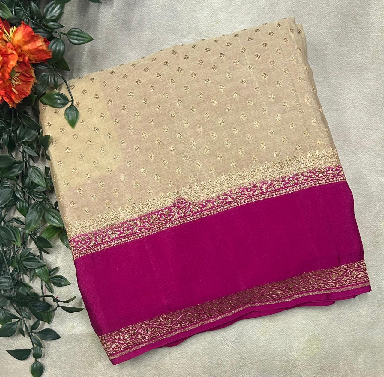 Golden beige bentex border pure benarasi 103 crepe silk saree