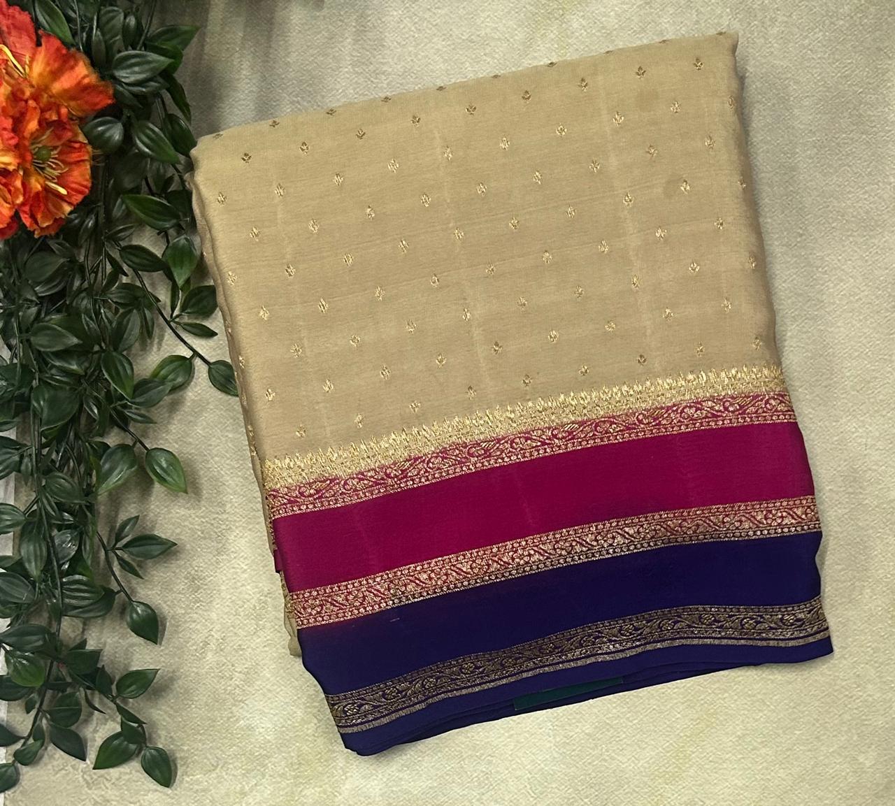 Golden beige Double border pure benarasi 103 crepe silk saree