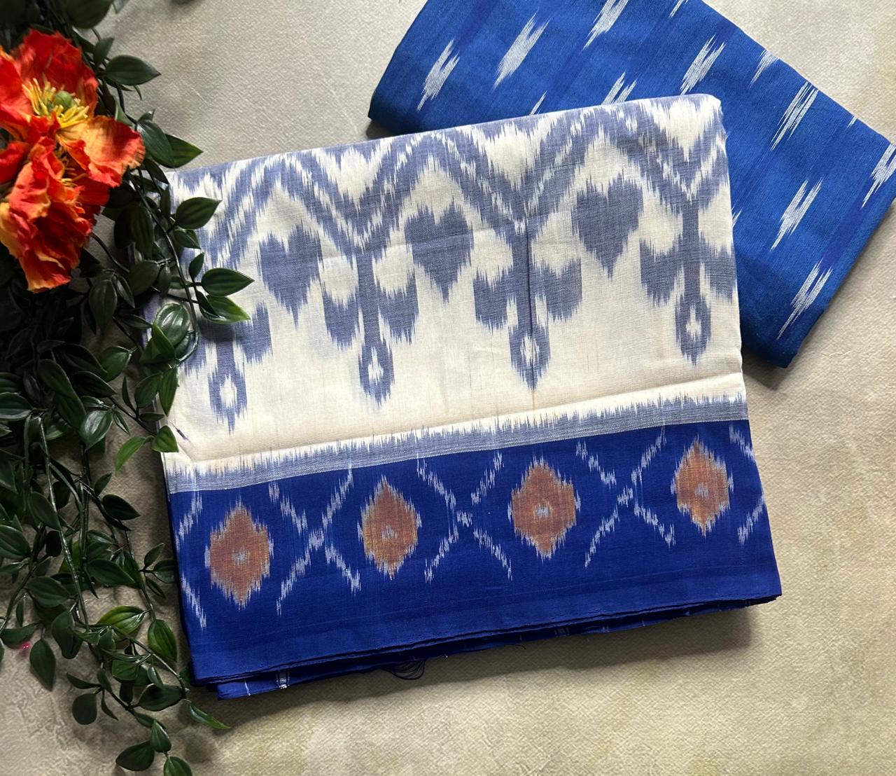 Cream n blue pure handloom ikkat cotton 103 saree
