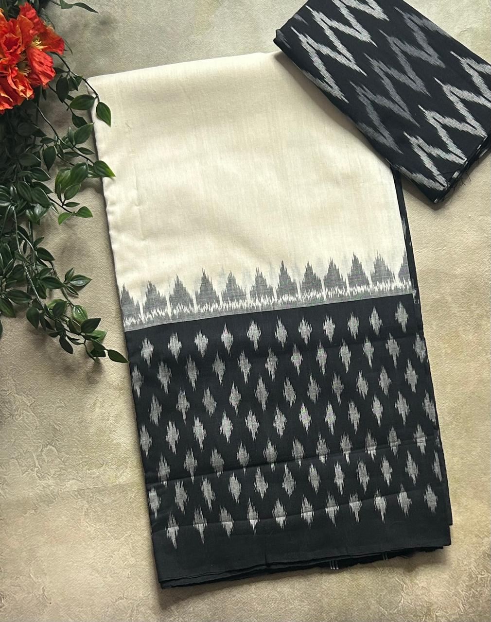 Cream n black pure handloom ikkat cotton 103 saree