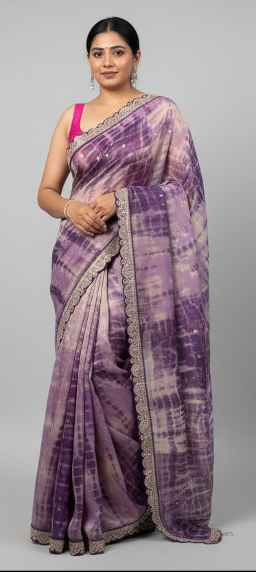 Lavender tissue shibori 103 scallop border saree