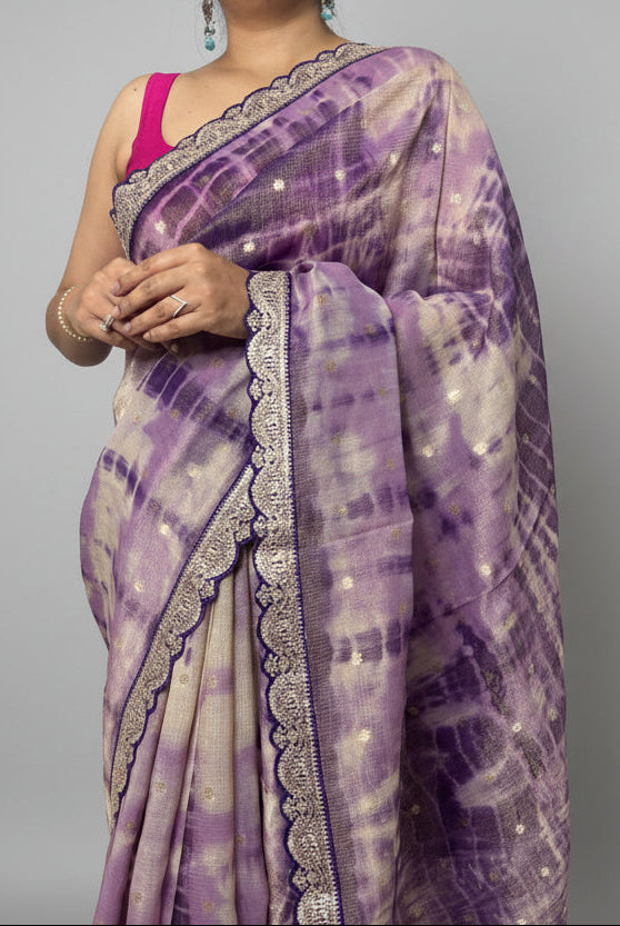 Lavender tissue shibori 103 scallop border saree