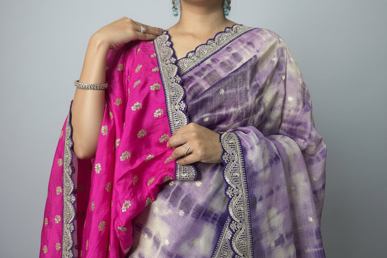 Lavender tissue shibori 103 scallop border saree