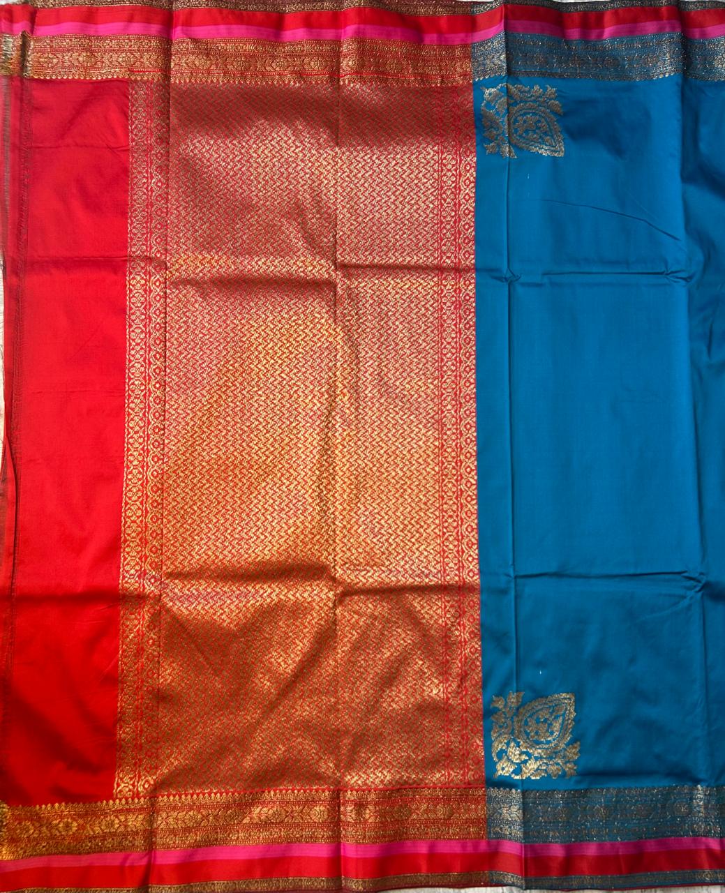 Blue n red semi banarasi silk saree