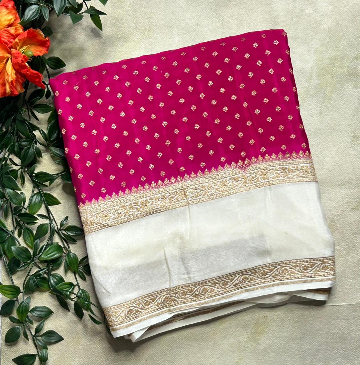 Rani pink bentex border pure benarasi crepe 103 saree