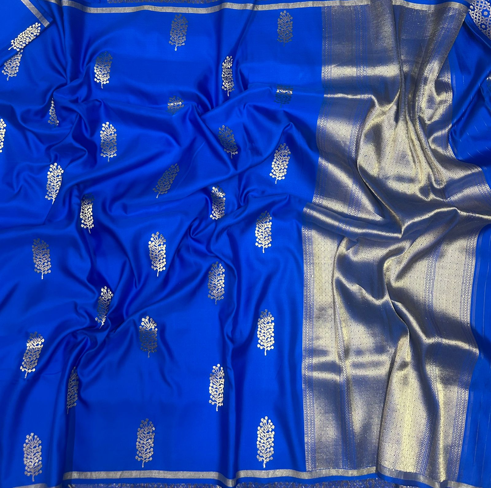 Blue small butta pure satin crepe 103 saree