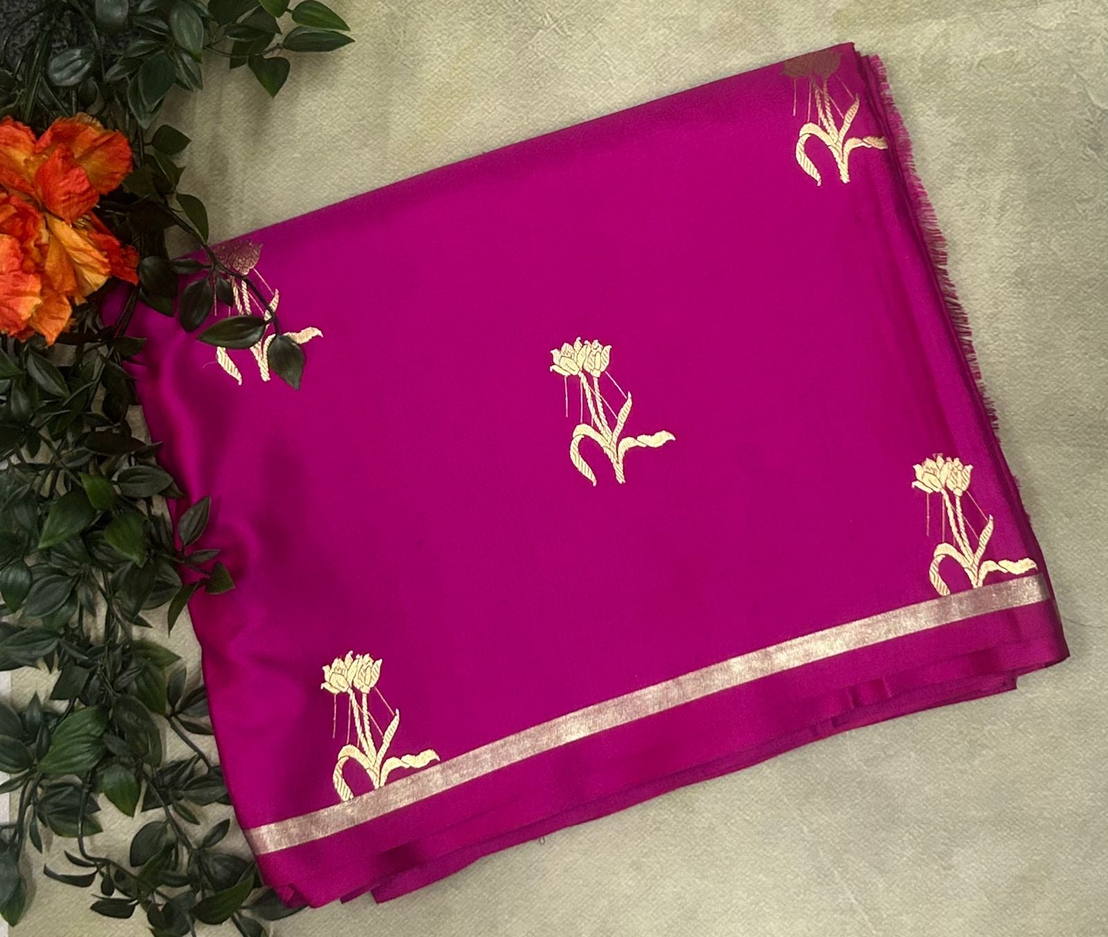 Rani pink small butta pure satin crepe 103 saree