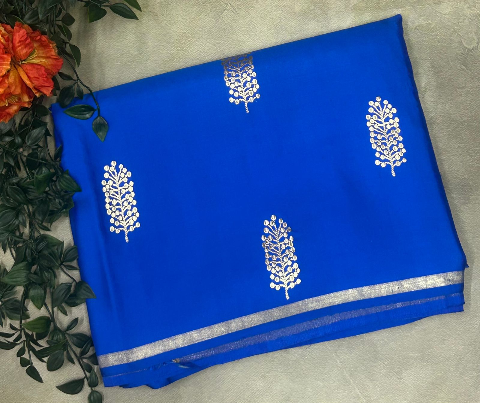 Blue small butta pure satin crepe 103 saree