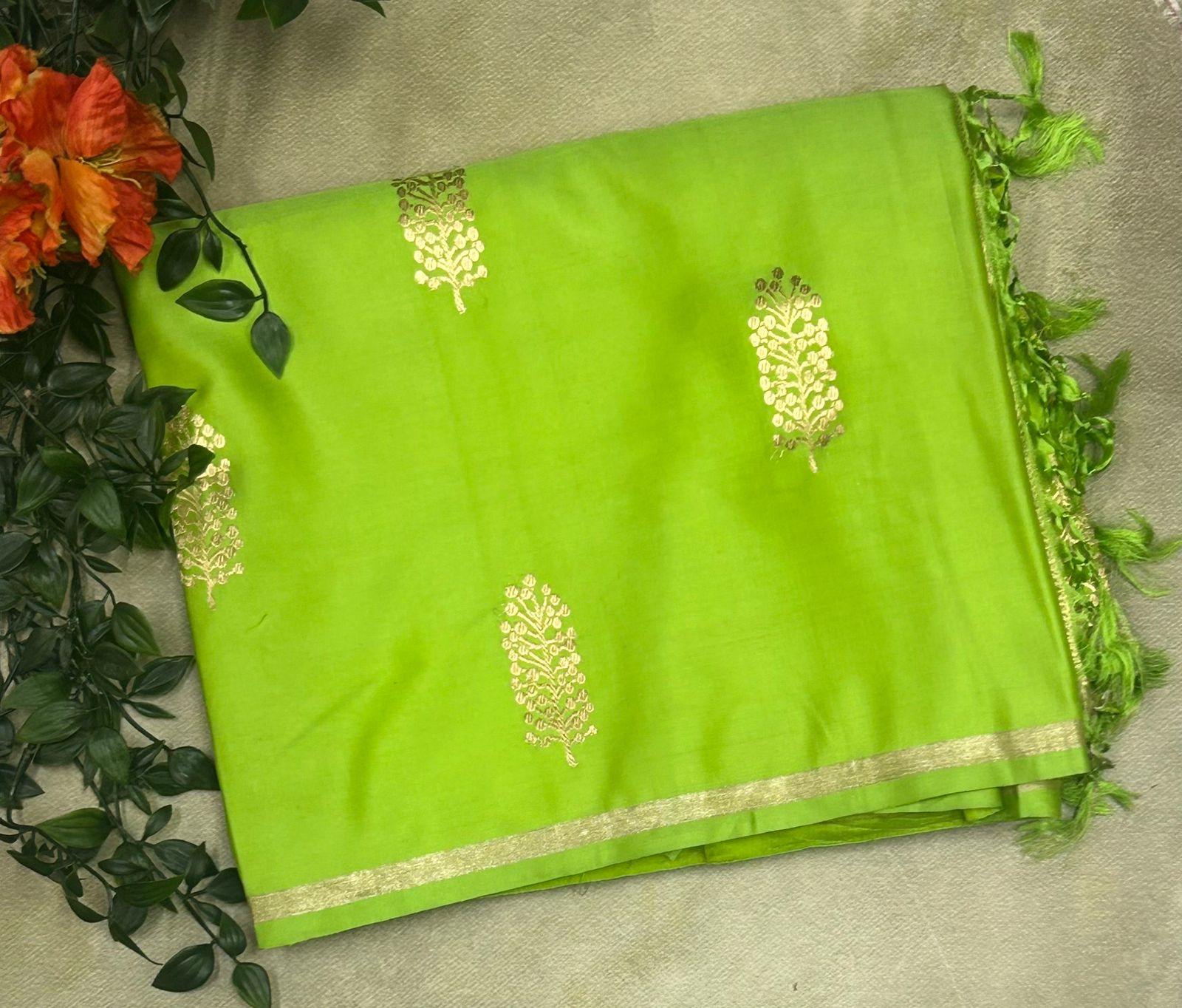 Parrot green small butta pure satin crepe 103 saree