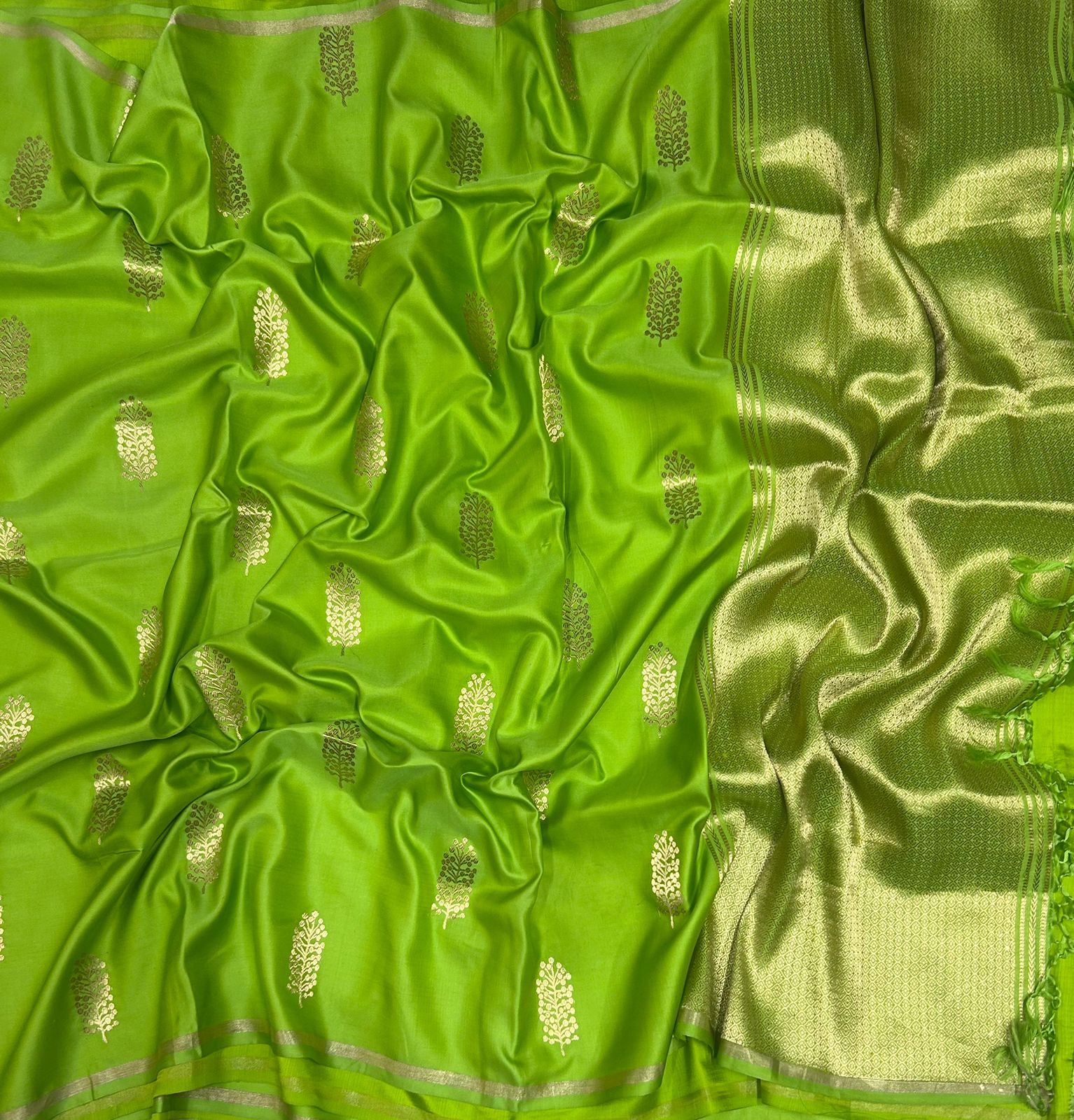 Parrot green small butta pure satin crepe 103 saree