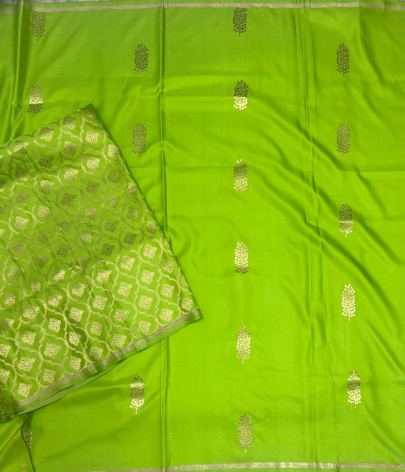 Parrot green small butta pure satin crepe 103 saree
