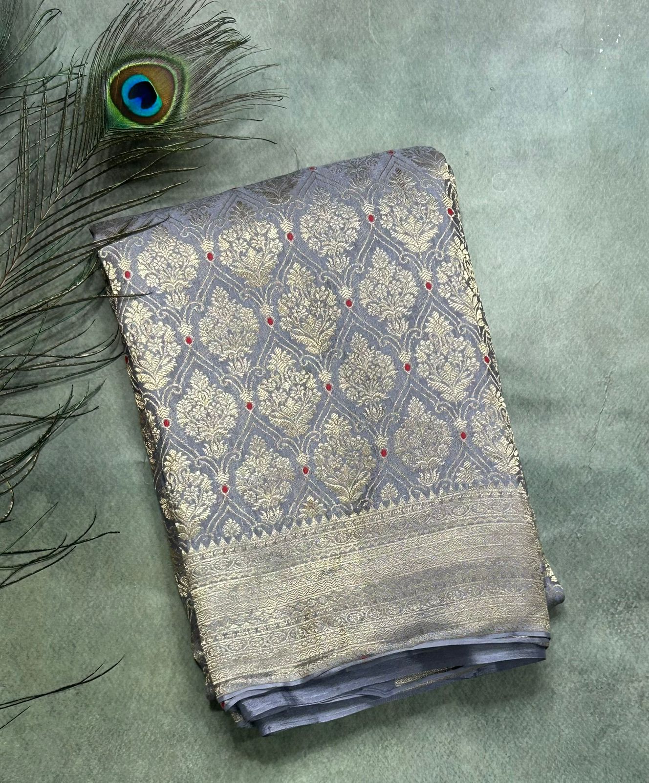 Grey brocade pure mysore-104 silk saree