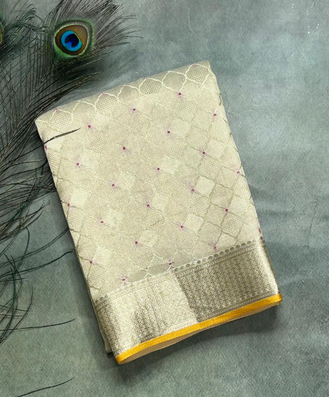 Cream brocade pure mysore-104 silk saree