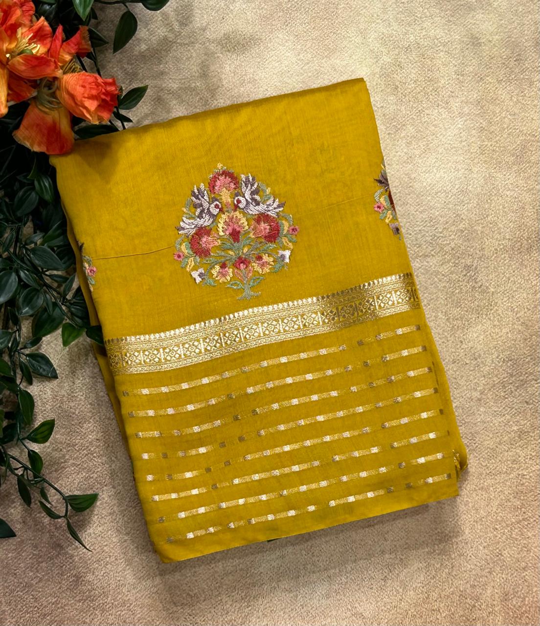 Mustard yellow embrodiery butta border soft tussar crepe 104 saree