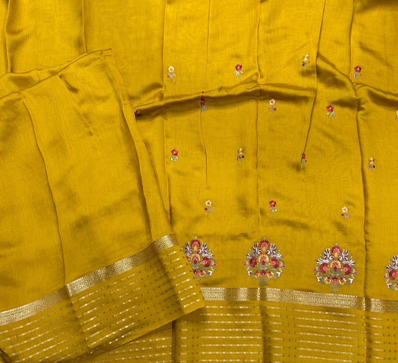 Mustard yellow embrodiery butta border soft tussar crepe 104 saree