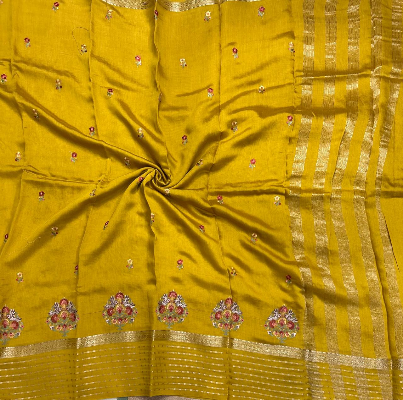 Mustard yellow embrodiery butta border soft tussar crepe 104 saree