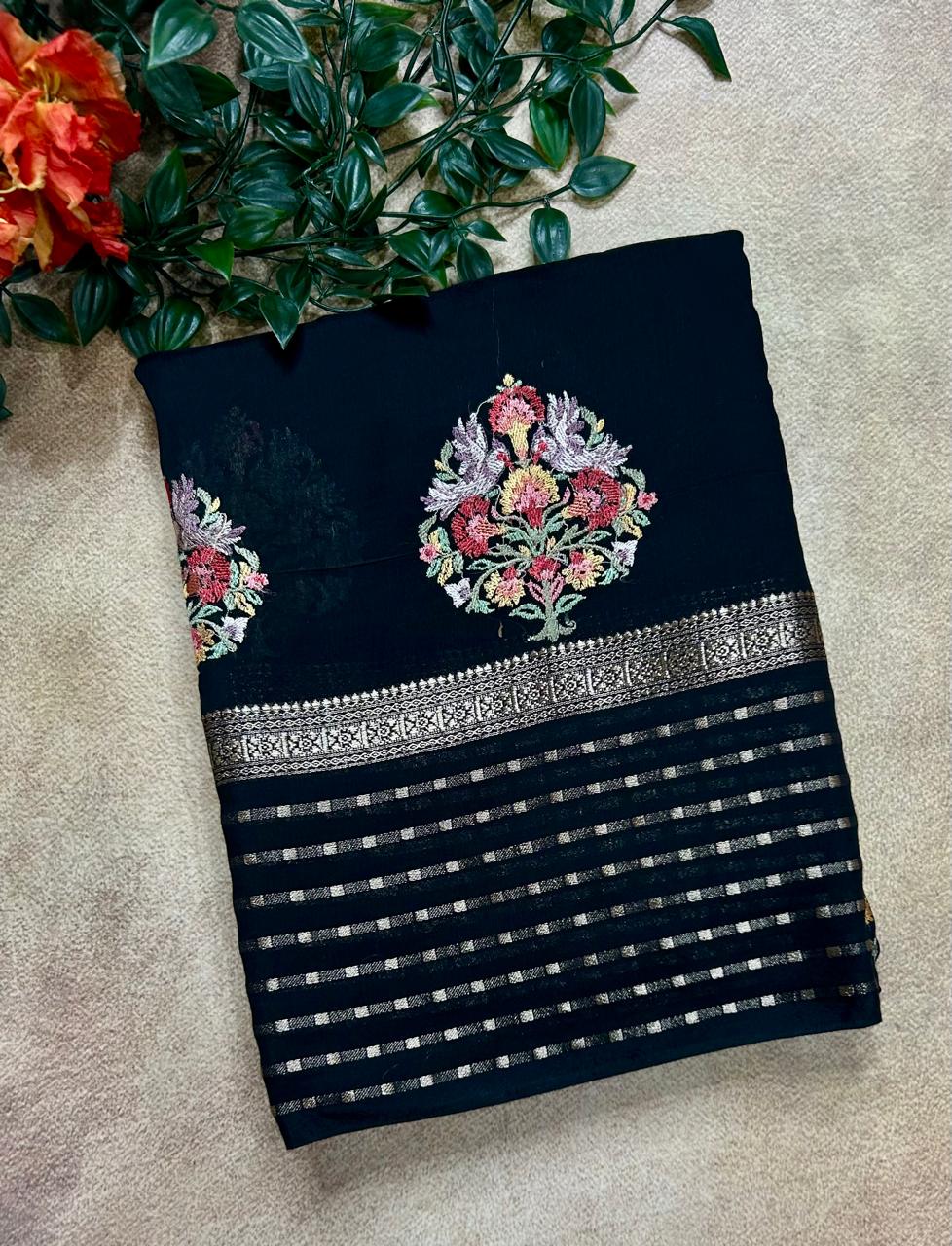 Black embrodiery butta border soft tussar crepe 104 saree