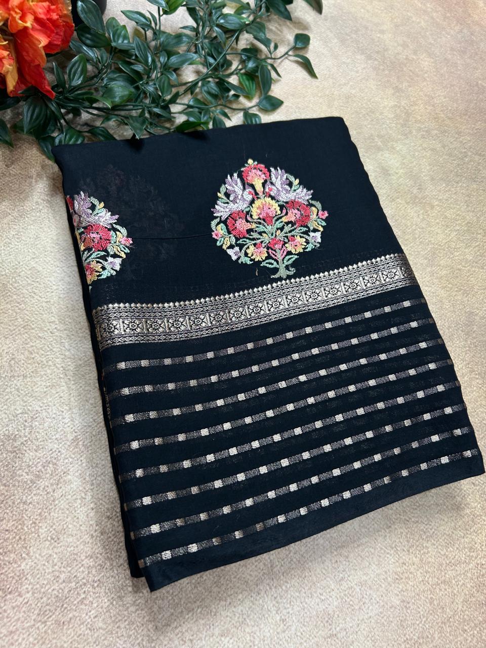 Black embrodiery butta border soft tussar crepe 104 saree