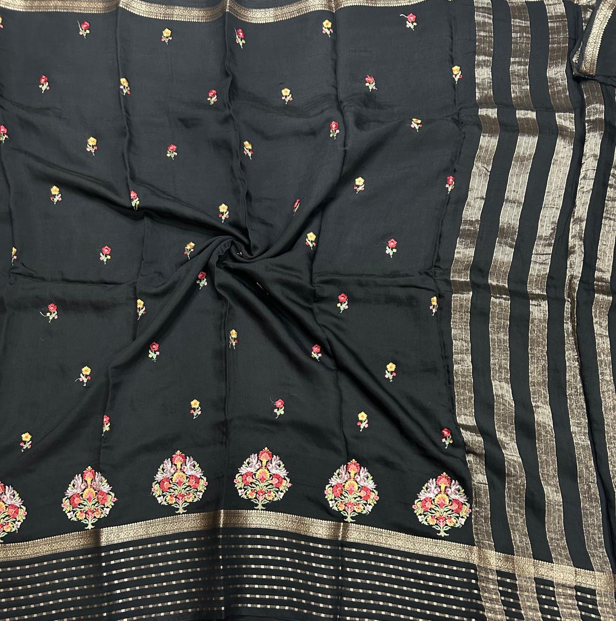 Black embrodiery butta border soft tussar crepe 104 saree