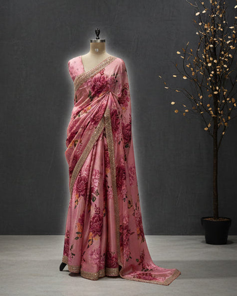 Pastel pink digital printed pure crepe 104 saree