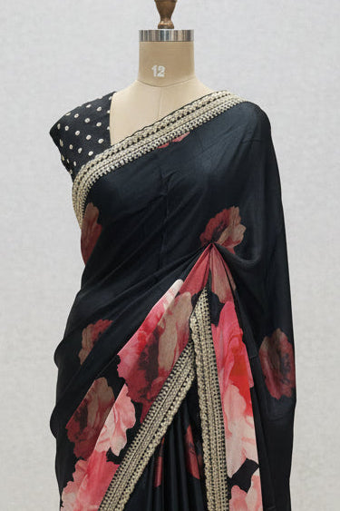 Black digital printed pure crepe 104 saree