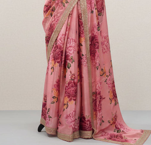 Pastel pink digital printed pure crepe 104 saree