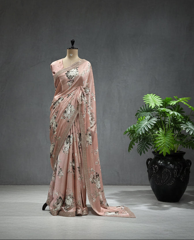 Peach digital printed pure crepe 104 saree