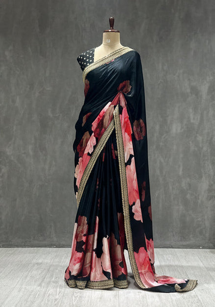 Black digital printed pure crepe 104 saree