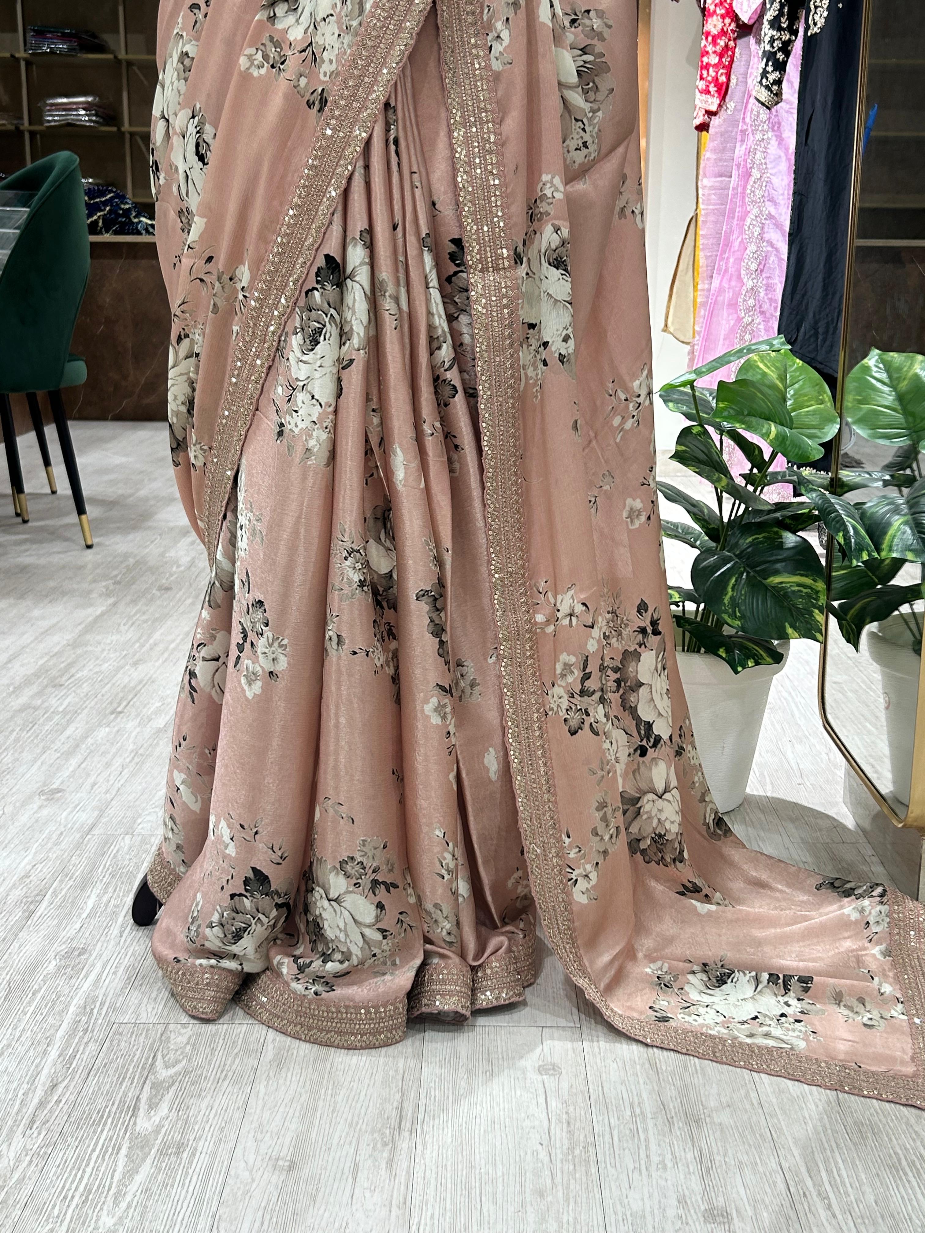Peach digital printed pure crepe 104 saree