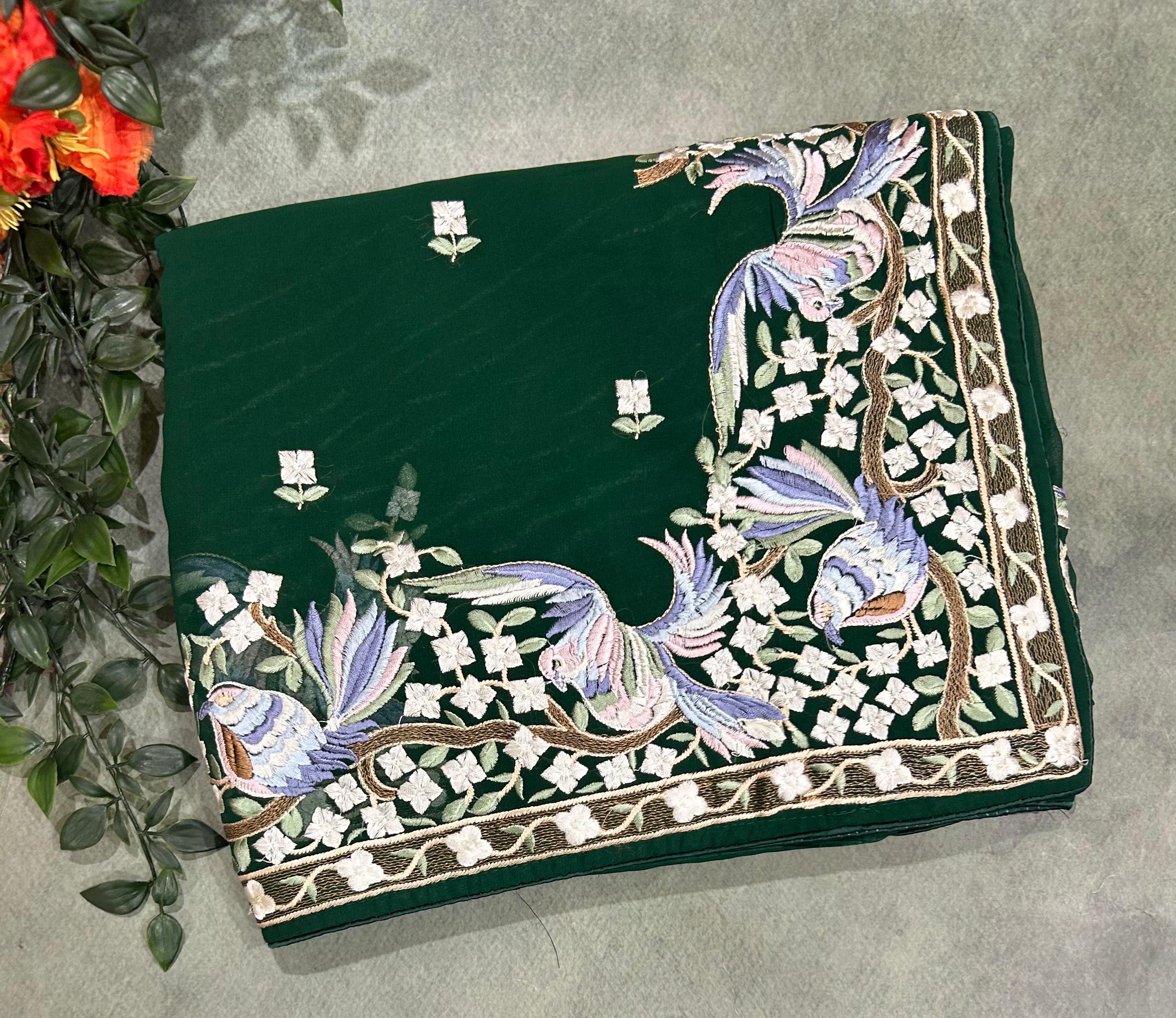 Bottle green georgette parsi 104 saree