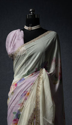 Cream n lavender digital printed crepe 104 party wear saree